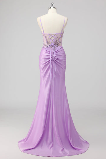 Sirène violette spaghetti bretelles Corset Sequin Robe longue de bal